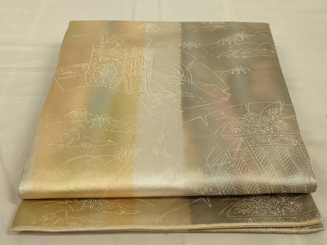 平和屋着物◎六通柄袋帯 御所車花文 引箔 正絹 逸品 AAAY9721ou