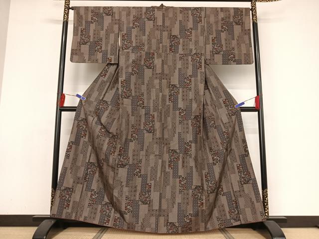 平和屋着物●上質な紬 色紙花鳥文 正絹 逸品 AAAY9889np