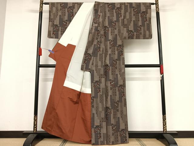 平和屋着物●上質な紬 色紙花鳥文 正絹 逸品 AAAY9889np