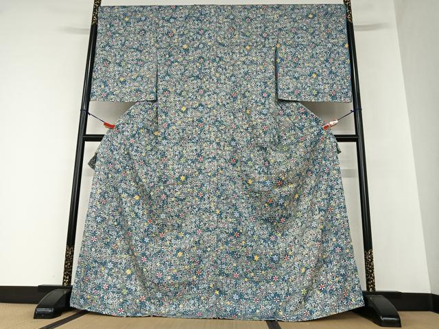 平和屋着物●上質な小紋 型染め 草花文 銀彩 丹後縮緬 仮絵羽 正絹 逸品 未使用 AAAZ0068zg