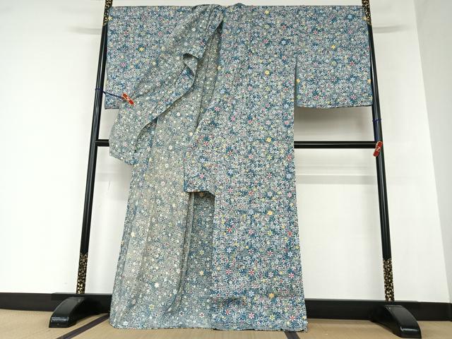 平和屋着物●上質な小紋 型染め 草花文 銀彩 丹後縮緬 仮絵羽 正絹 逸品 未使用 AAAZ0068zg