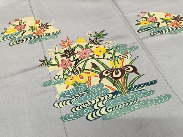 平和屋着物●訪問着 型染め 流水花文 杜若 正絹 逸品 AAAZ0092zg