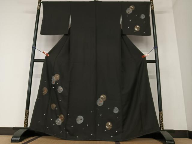 平和屋着物●訪問着 駒刺繍 夜桜 黒地 金彩 正絹 逸品 AAAZ0107zg