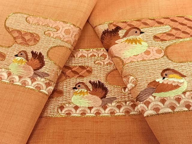 平和屋着物●紬 訪問着 駒刺繍 エ霞鴛鴦文 暈し染め 正絹 逸品 AAAZ0119zg