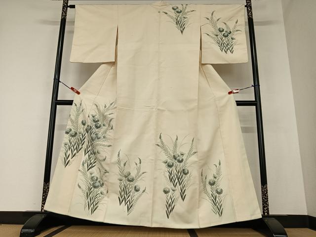 平和屋着物●訪問着 紬地 手描き 草花文 ろうけつ染め 正絹 逸品 AAAZ0121zg