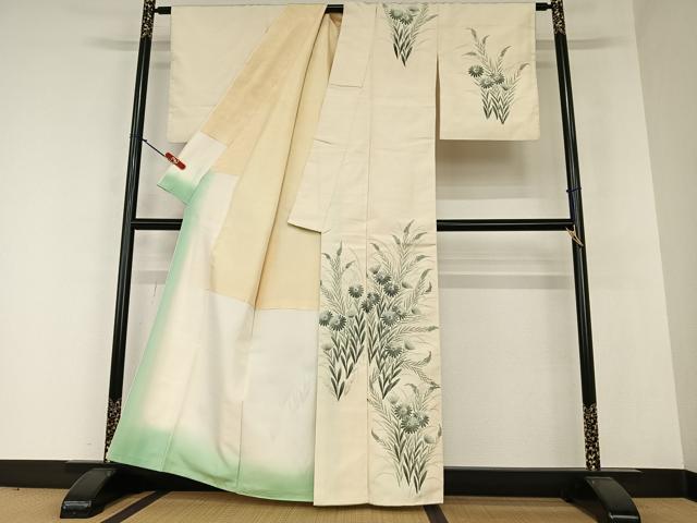平和屋着物●訪問着 紬地 手描き 草花文 ろうけつ染め 正絹 逸品 AAAZ0121zg
