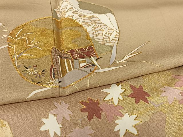 平和屋着物●豪華色留袖 駒刺繍 御所車花文 金彩 正絹 逸品 AAAZ0274zg