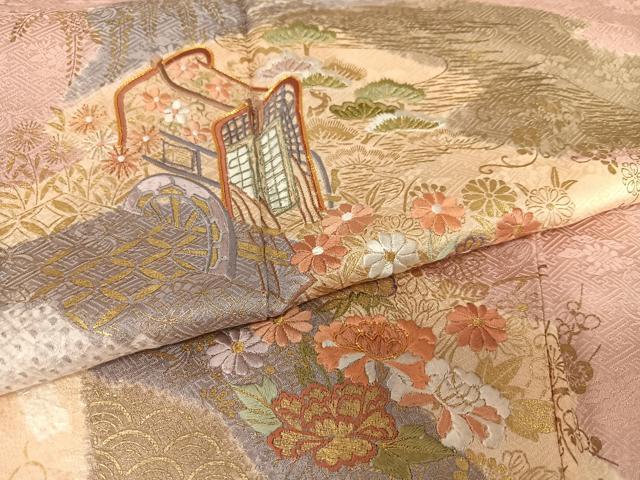 平和屋着物●創業460年・千總 訪問着 駒刺繍 絞り 御所車花文 金彩 正絹 逸品 AAAZ0339zg