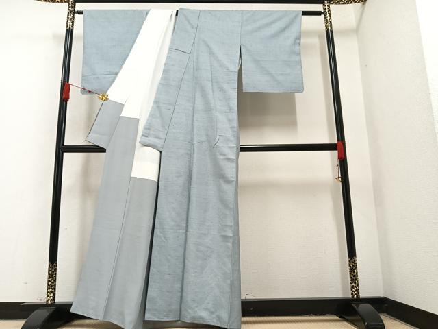 平和屋着物●結城紬 色無地 灰青色 正絹 逸品 AABH9588ck
