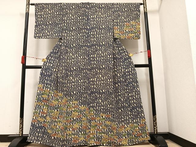 平和屋着物●訪問着 型染め 笹竹文 鬼しぼ縮緬 正絹 逸品 AAAZ0536ph