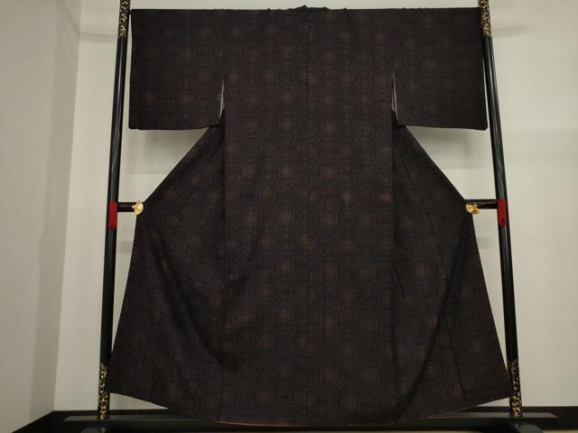 平和屋着物●小紋 縮織 幾何学文様 黒地 AAAZ0603ck