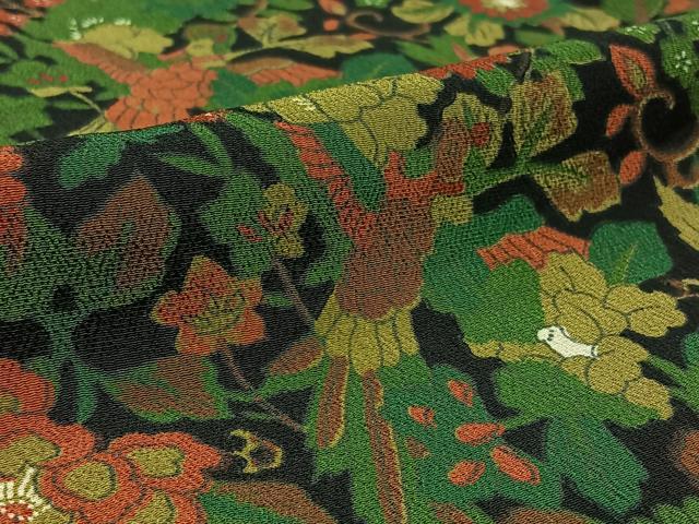 平和屋着物▽上質な小紋 単衣 更紗花鳥文 黒地 鬼しぼ縮緬 正絹 逸品 AAAZ0700jh