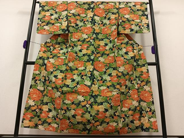 平和屋着物▽上質な紬 単衣 草花文 正絹 逸品 AAAZ0707jh