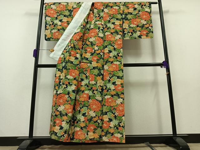 平和屋着物▽上質な紬 単衣 草花文 正絹 逸品 AAAZ0707jh