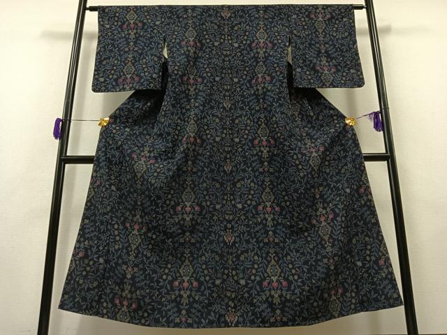 平和屋着物▽本塩沢 単衣 草花文 正絹 逸品 AAAZ0712jh