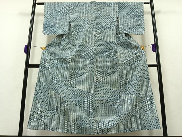 平和屋着物▽上質な小紋 単衣 型染め 藍 幾何学文様 鬼しぼ縮緬 正絹 逸品 AAAZ0718jh