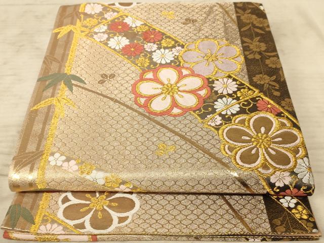 平和屋着物◎六通柄袋帯 唐織 笹竹花文 金糸 正絹 逸品 AAAZ0806dt