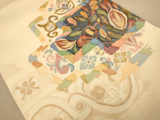 平和屋着物◎太鼓柄袋帯 紬地 更紗花文 正絹 逸品 AAAZ0837dt
