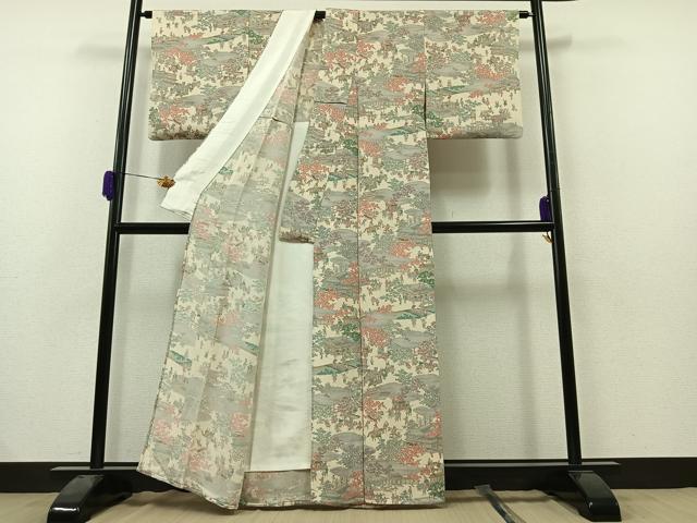 平和屋着物▽上質な小紋 単衣 人物風景文 鬼しぼ縮緬 正絹 逸品 AAAZ0994jh