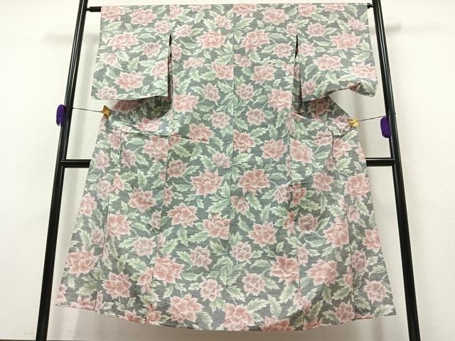 平和屋着物▽上質な紬 単衣 草花文 正絹 逸品 AAAZ1000jh