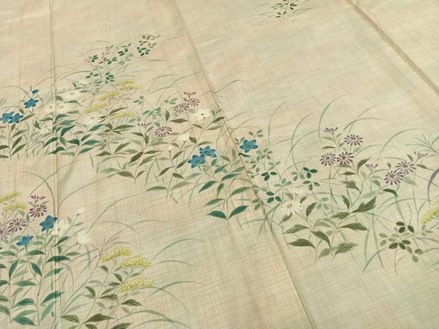 平和屋着物▽訪問着 単衣 紬地 草花文 正絹 逸品 AAAZ1393fy