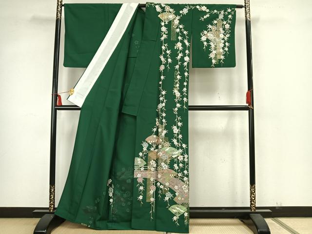 平和屋着物▽訪問着 単衣 扇面花鳥文 金彩 洗える着物 AAAZ1403fy