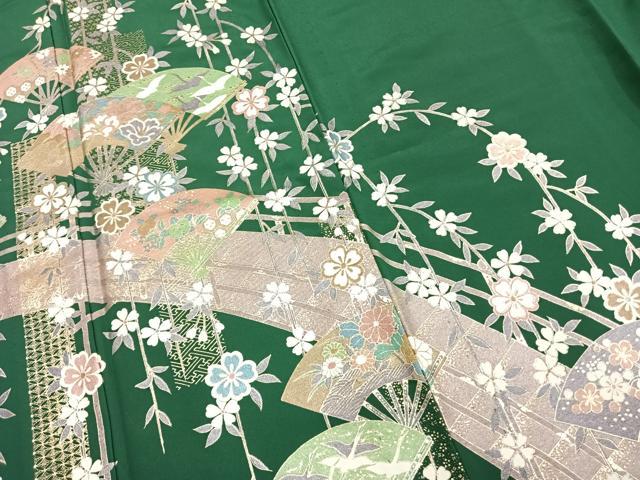 平和屋着物▽訪問着 単衣 扇面花鳥文 金彩 洗える着物 AAAZ1403fy