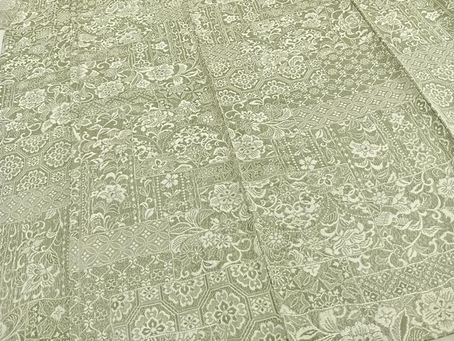 平和屋着物▽お召 単衣 天目織 色紙草花文 正絹 逸品 AAAZ1411fy
