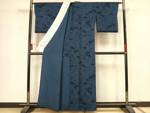 平和屋着物▽上質な小紋 単衣 藍 型染め 草花文 鬼しぼ縮緬 正絹 逸品 AAAZ1449fy