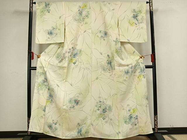 平和屋着物▽上質な小紋 単衣 手描き 草花文 暈し染め 反端付き 正絹 逸品 AAAZ1454fy