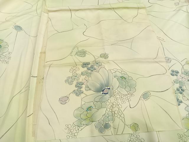 平和屋着物▽上質な小紋 単衣 手描き 草花文 暈し染め 反端付き 正絹 逸品 AAAZ1454fy