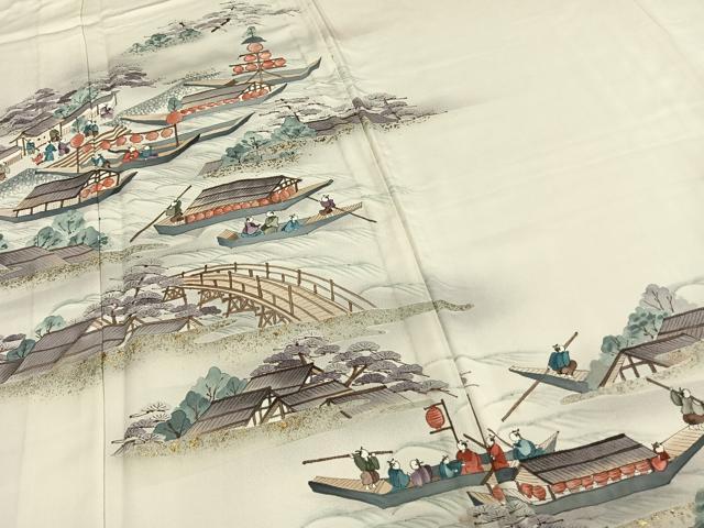 平和屋着物▽訪問着 単衣 手描き 人物風景文 暈し染め 金銀彩 正絹 逸品 AAAZ1469fy