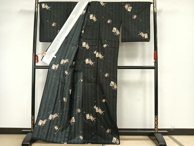 平和屋着物▽小紋 単衣 色紙草花文 黒地 洗える着物 AAAZ1532fy
