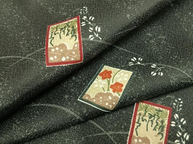 平和屋着物▽小紋 単衣 色紙草花文 黒地 洗える着物 AAAZ1532fy