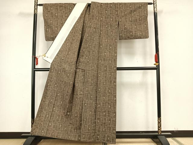 平和屋着物▽上質な紬 単衣 幾何学文様 三越扱い 正絹 逸品 AAAZ1545fy