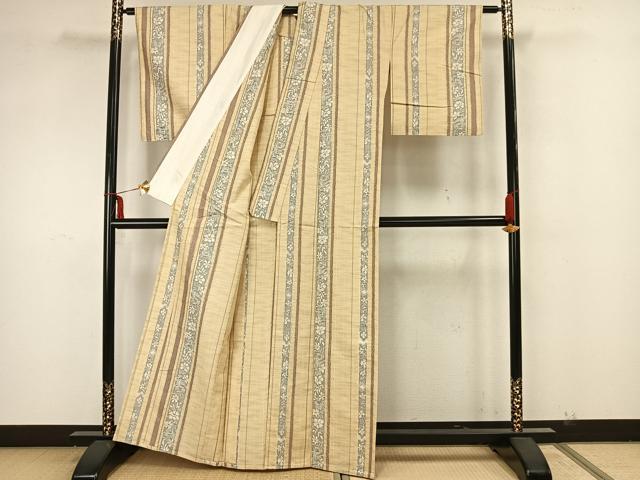 平和屋着物▽上質な紬 単衣 草花間道 正絹 逸品 AAAZ1572fy