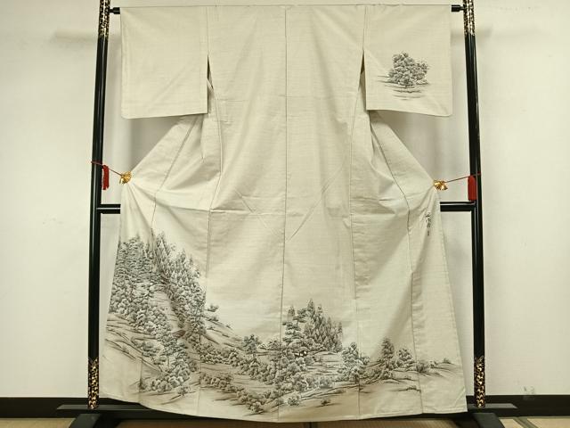 平和屋着物▽訪問着 単衣 本場縞大島紬 作家物 手描き 風景文 暈し染め 正絹 逸品 AAAZ1582fy