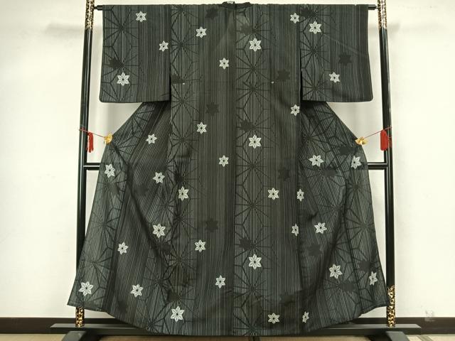 平和屋着物▽小紋 単衣 麻の葉文様 黒地 洗える着物 AAAZ1610fy