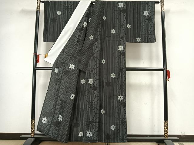 平和屋着物▽小紋 単衣 麻の葉文様 黒地 洗える着物 AAAZ1610fy