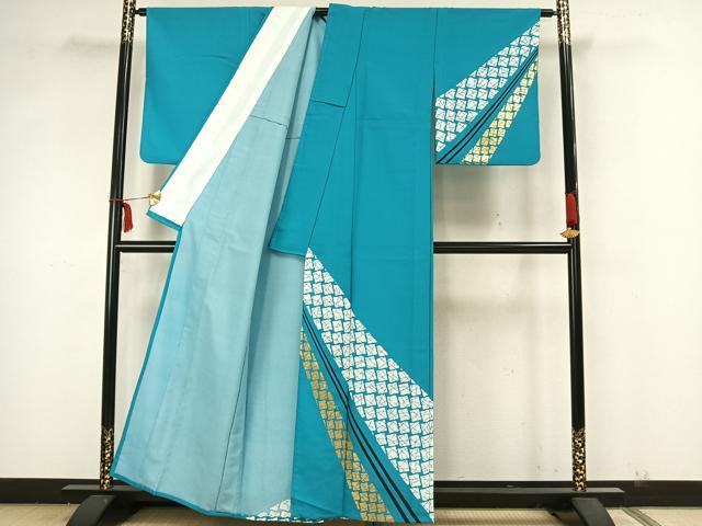 平和屋着物▽訪問着 単衣 幾何学文様 金彩 洗える着物 AAAZ1631fy