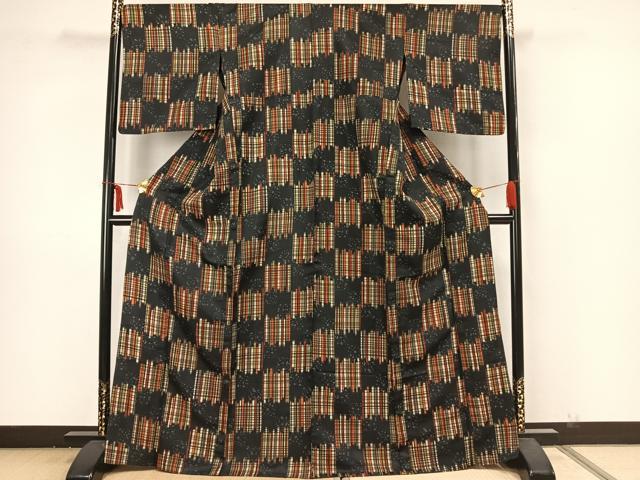 平和屋着物▽小紋 単衣 市松文様 洗える着物 AAAZ1638fy