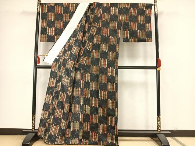 平和屋着物▽小紋 単衣 市松文様 洗える着物 AAAZ1638fy