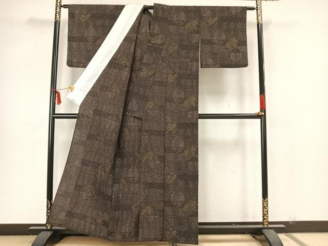 平和屋着物▽本塩沢 単衣 舞葉横段文 正絹 逸品 AAAZ1674fy