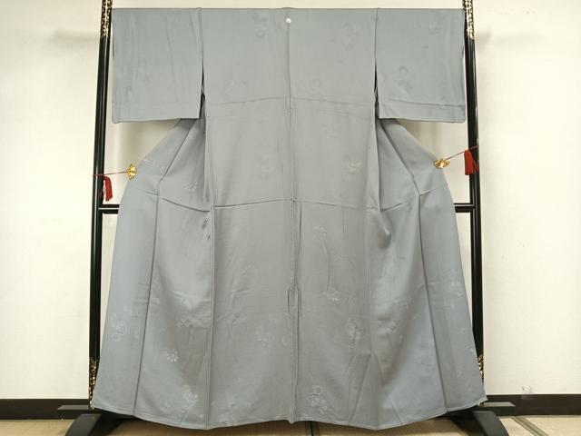 平和屋着物▽上質な色無地 単衣 吉祥花地紋 灰青色 正絹 逸品 AAAZ1684fy