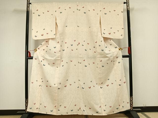 平和屋着物▽上質な小紋 単衣 紬地 舞蝶文 正絹 逸品 AAAZ1698fy