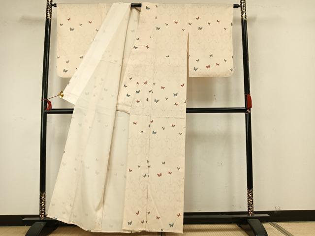 平和屋着物▽上質な小紋 単衣 紬地 舞蝶文 正絹 逸品 AAAZ1698fy