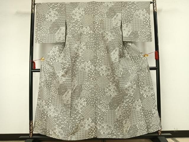 平和屋着物▽上質な小紋 単衣 切嵌花文 正絹 逸品 AAAZ1701fy