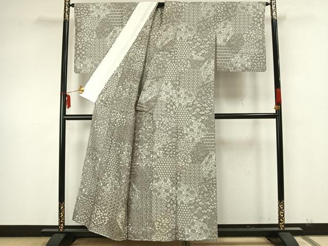 平和屋着物▽上質な小紋 単衣 切嵌花文 正絹 逸品 AAAZ1701fy