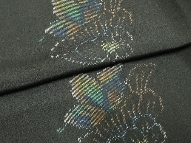 平和屋着物▽上質な紬 単衣 草花文 黒地 正絹 逸品 AAAZ1719fy