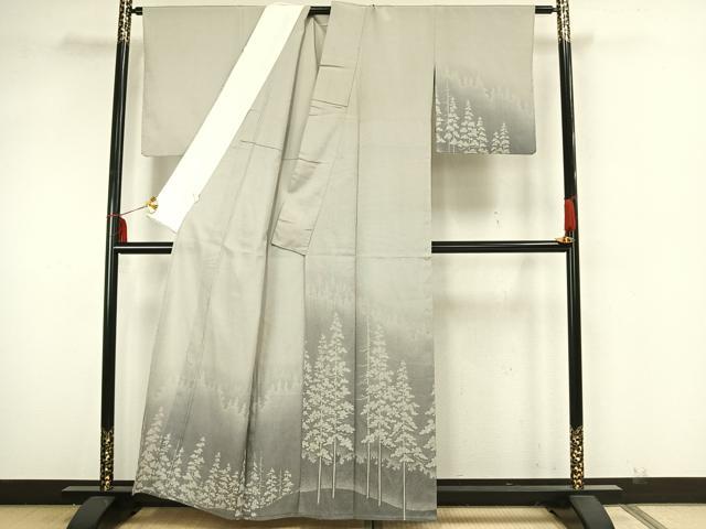 平和屋着物▽本塩沢 訪問着 単衣 樹林文 正絹 逸品 AAAZ1732fy
